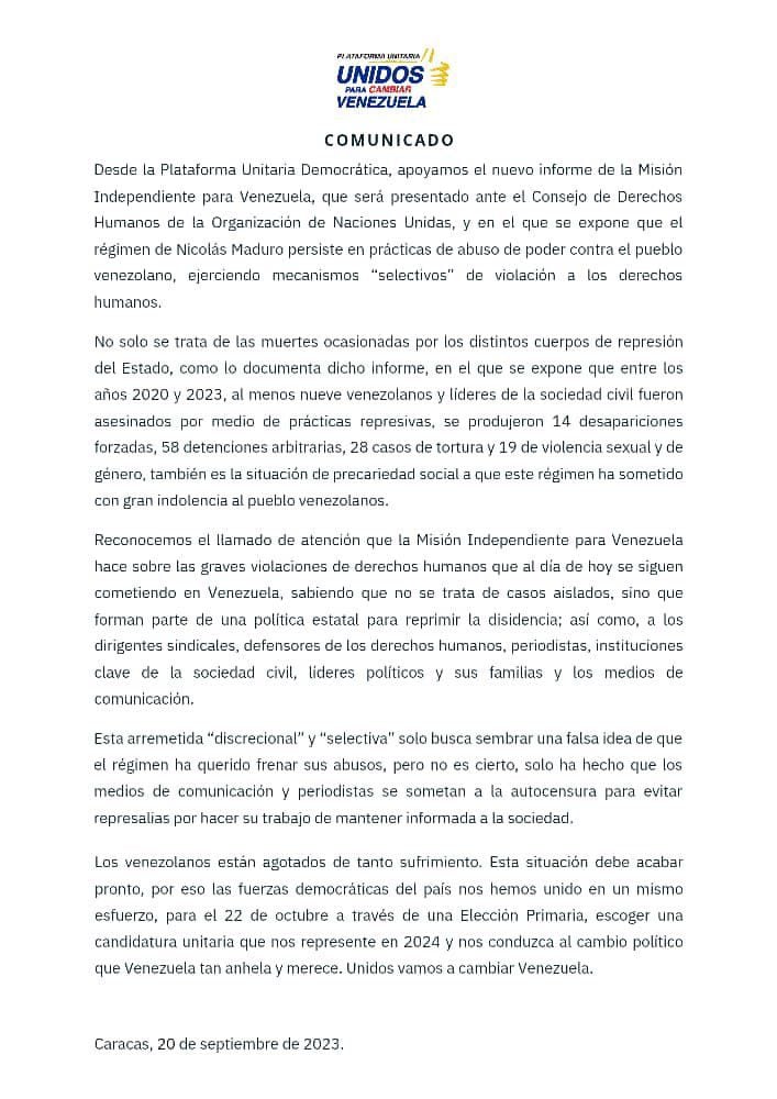 Comunicado de la oposición de Venezuela sobre informe de la ONU.