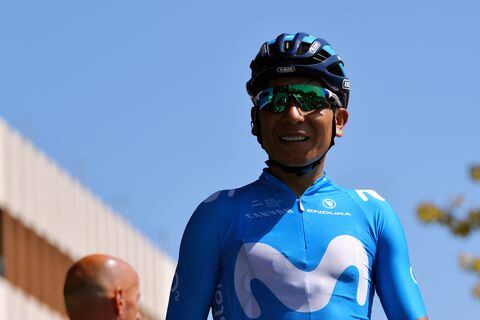 ARCOS-DE-LAS-SALINAS, SPAIN - AUGUST 28: Start / Nairo Quintana of Colombia and Movistar Team / during the 74th Tour of Spain 2019 - Stage 5 a 170,7km stage from L' Eliana to Observatorio Astrofísico de Javalambre - Arcos de las Salinas 1950m / #LaVuelta19 / @lavuelta / on August 28, 2019 in Arcos de las Salinas, Spain. (Photo by Tim de Waele/Getty Images)