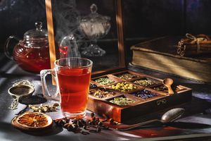 Té rojo con una caja de té de hierbas y especias aromáticas con tetera de vidrio y taza de té