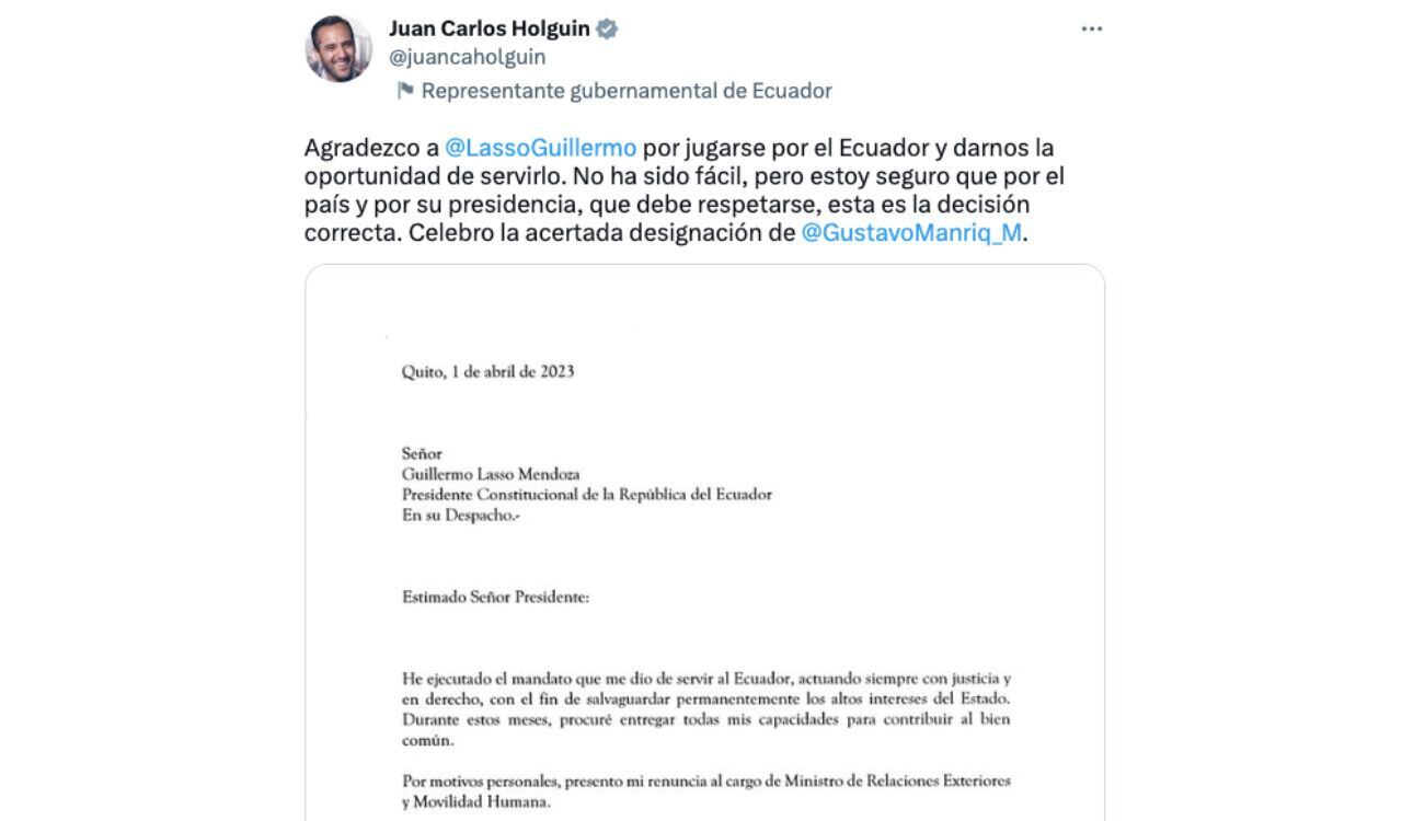 Así dio a conocer su renuncia el excanciller de Ecuador Juan Carlos Holguín