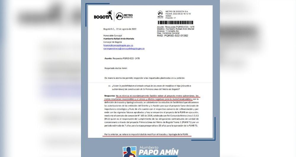 Respuesta de la Empresa Metro de Bogotá al derecho de petición del concejal Amín.