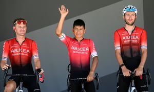 SAINT-ETIENNE, FRANCE - JULY 15: (L-R) Maxime Bouet of France, Nairo Alexander Quintana Rojas of Colombia and Amaury Capiot of Belgium and Team Arkéa - Samsic during the team presentation prior to the 109th Tour de France 2022, Stage 13 a 192,6km stage from Le Bourg d'Oisans to Saint-Etienne 488m / #TDF2022 / #WorldTour / on July 15, 2022 in Saint-Etienne, France. (Photo by Alex Broadway/Getty Images)