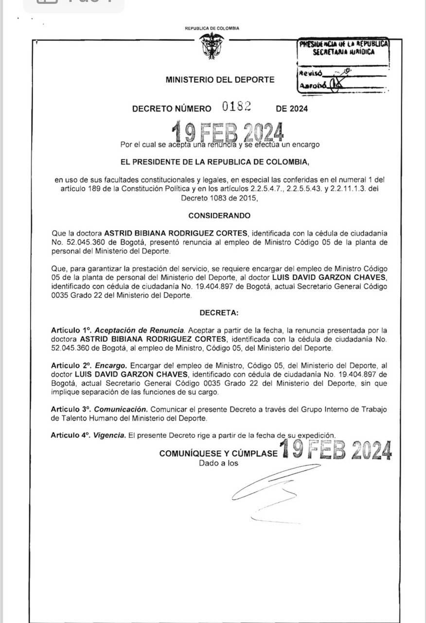 Decreto presidente Petro aceptando la renuncia de la ministra del Deporte Astrid Rodríguez