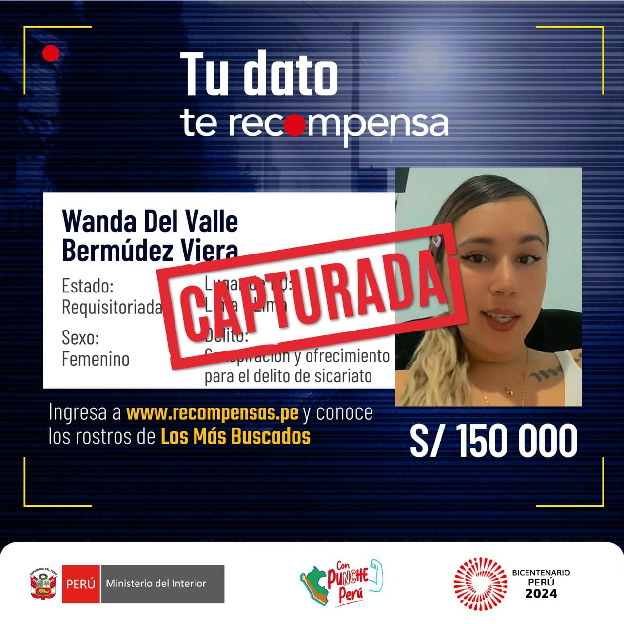 Ministerio del Interior de Perú confirmó la captura de Wanda del Valle Bermúdez en Colombia.
