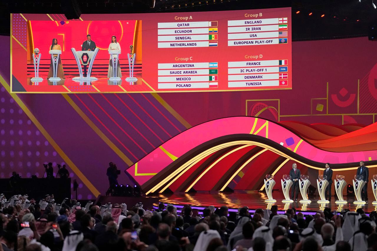 Groups A, B, C and D and displayed on screen during the 2022 soccer World Cup draw at the Doha Exhibition and Convention Center in Doha, Qatar, Friday, April 1, 2022. (AP Photo/Darko Bandic)