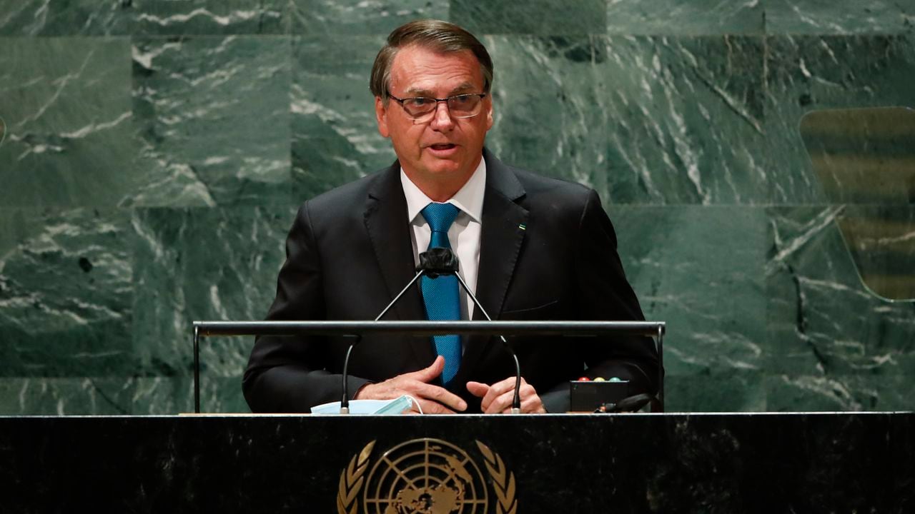 El presidente de Brasil, Jair Bolsonaro, se dirige a la 76.a sesión de la ONU. Asamblea General, martes, sept. 21 de febrero de 2021, en la sede de las Naciones Unidas en Nueva York. (Eduardo Munoz/Pool Photo via AP)