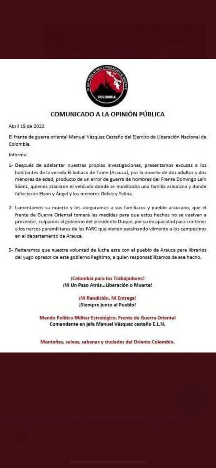 Comunicado del ELN por cuatro homicidios en Tame, Arauca.