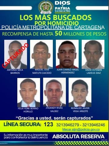 Cartel de los más buscados por homicidios 2023 en Cartagena