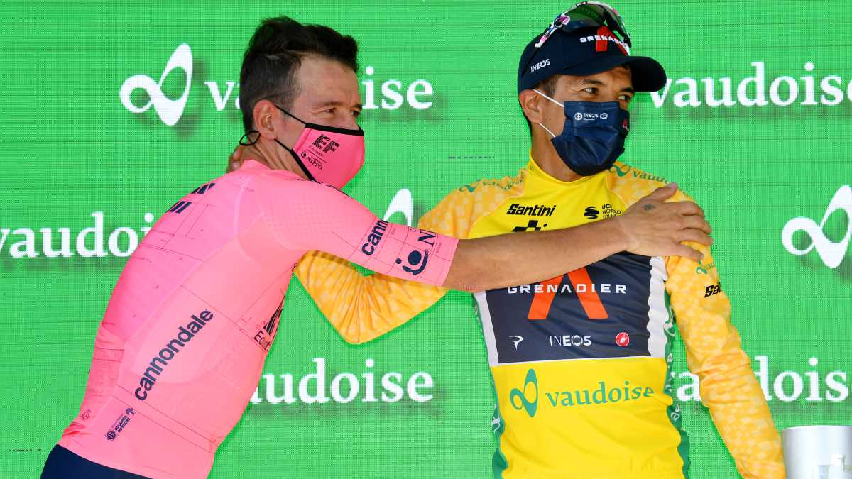 ANDERMATT, SWITZERLAND - JUNE 13: Rigoberto Uran Uran of Colombia and Team EF Education - Nippo 2nd place & Richard Carapaz of Ecuador and Team INEOS Grenadiers yellow leader jersey celebrates at podium during the 84th Tour de Suisse 2021, Stage 8 a 159,5km stage from Andermatt to Andermatt / #UCIworldtour / @tds / #tourdesuisse / on June 13, 2021 in Andermatt, Switzerland. (Photo by Getty Images/Tim de Waele)