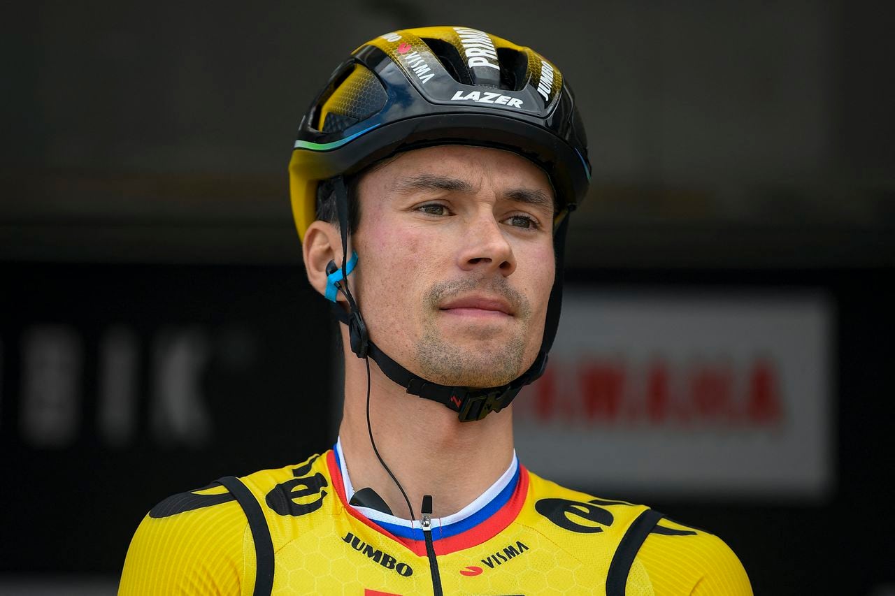 (FILES) Team Jumbo's Slovenian rider Primoz Roglic prepares to take the start of the 1st stage of the 2023 Tour of Catalonia cycling race, a 164,5 km loop starting and finishing in Sant Feliu de Guixols on March 20, 2023. Roglic announced on September 30, 2023, that he was leaving team Jumbo-Visma at the end of the season. (Photo by Josep LAGO / AFP)