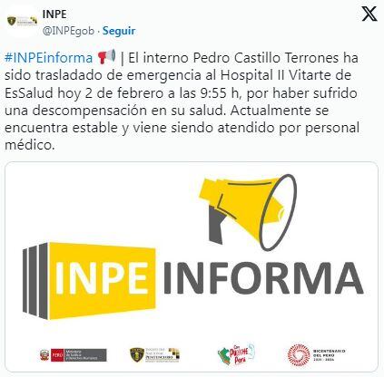 El INPE confirmó la descompensación del expresidente Pedro Castillo