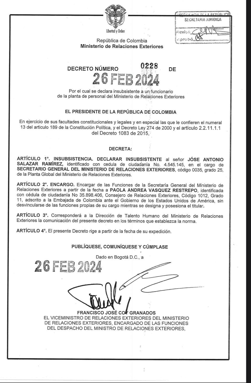Este fue el decreto que declaró la insubsistencia de José Antonio Salazar.