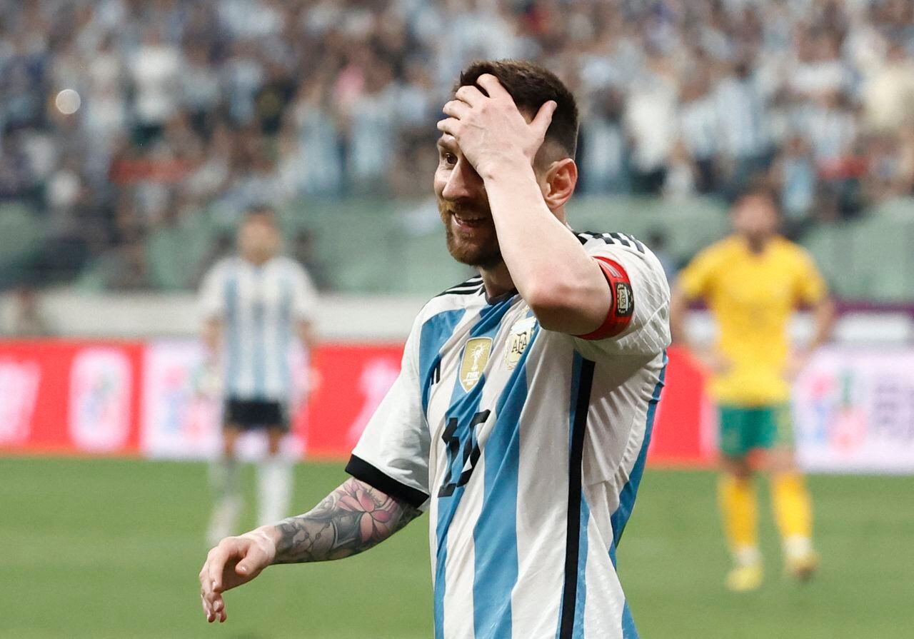 Soccer Football - Friendly - Argentina v Australia - Workers' Stadium, Beijing, China - June 15, 2023 Argentina's Lionel Messi reacts REUTERS/Thomas Peter