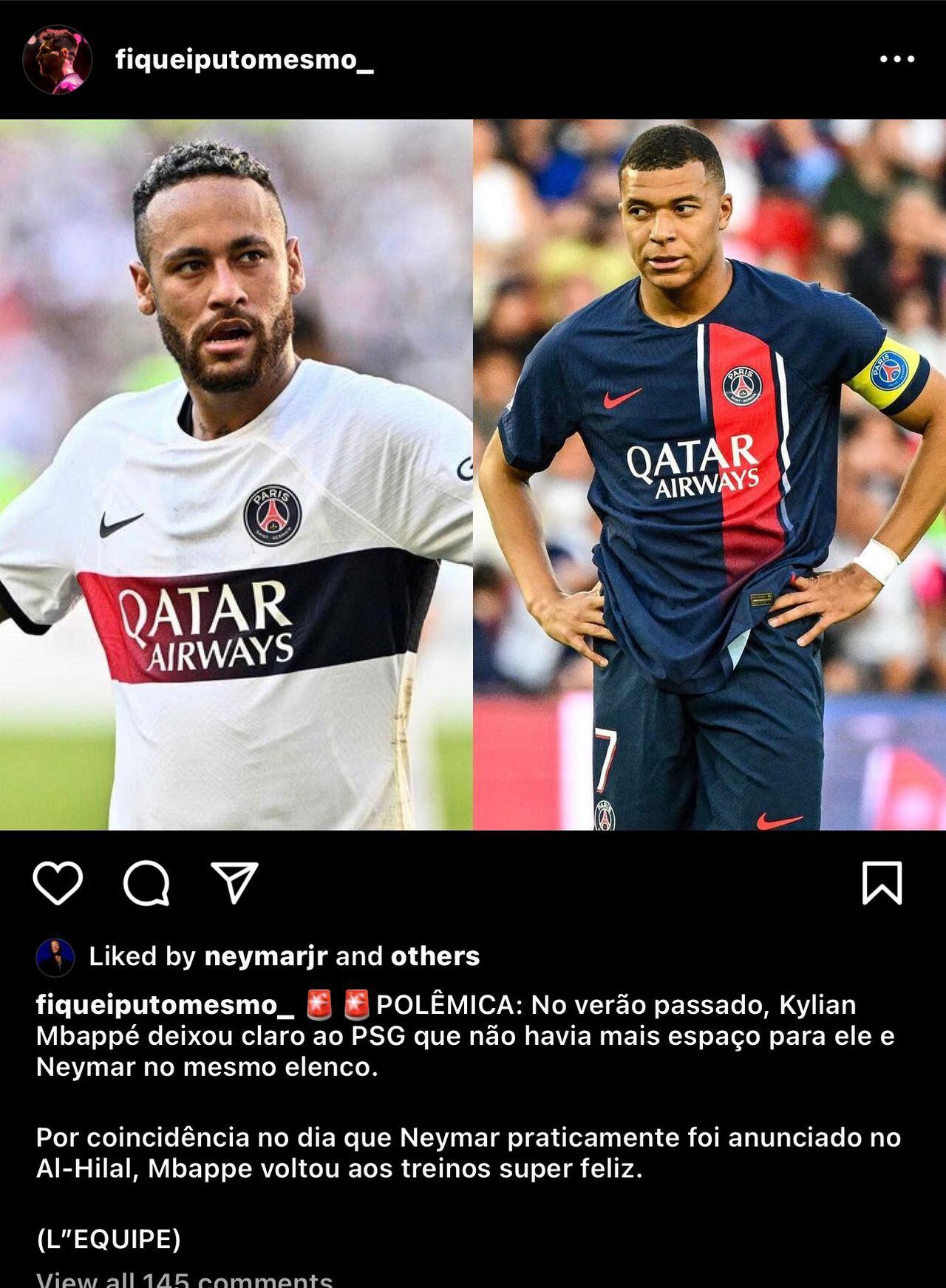 Neymar le dio like a una publicación contra Mbappé.