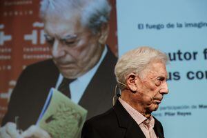 MADRID, SPAIN - APRIL 11: The writer Mario Vargas Llosa participates in the cycle 'El fuego de la imaginacion', at the Cervantes Institute, on 11 April, 2023 in Madrid, Spain. To celebrate Vargas Llosa's literary work, the Cervantes Institute has invited a group of Latin American writers to discuss some of the central themes of his work. (Photo By Carlos Lujan/Europa Press via Getty Images)