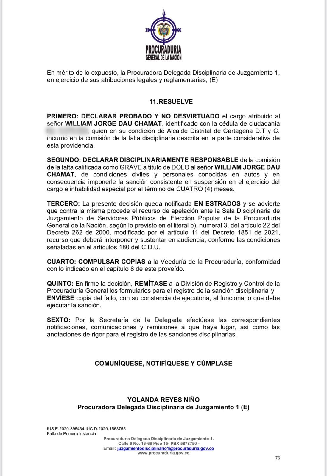 Sanción al alcalde de Cartagena William Dairo