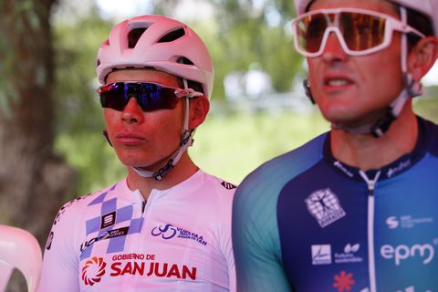 SAN JUAN, ARGENTINA - JANUARY 29: Miguel Angel Lopez of Colombia and Team Medellin - EPM - White Leader Jersey prior to the 39th Vuelta a San Juan International 2023, Stage 7 a 112km stage from San Juan to San Juan / #VueltaSJ2023 / on January 29, 2023 in San Juan, Argentina. (Photo by Maximiliano Blanco/Getty Images)
