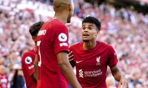 Liverpool's Luis Diaz, right, celebrates scoring their side's ninth goal of the game during the English Premier League match between Liverpool and Bournemouth at Anfield stadium in Liverpool, England, Saturday Aug. 27, 2022. (Peter Byrne/PA via AP)