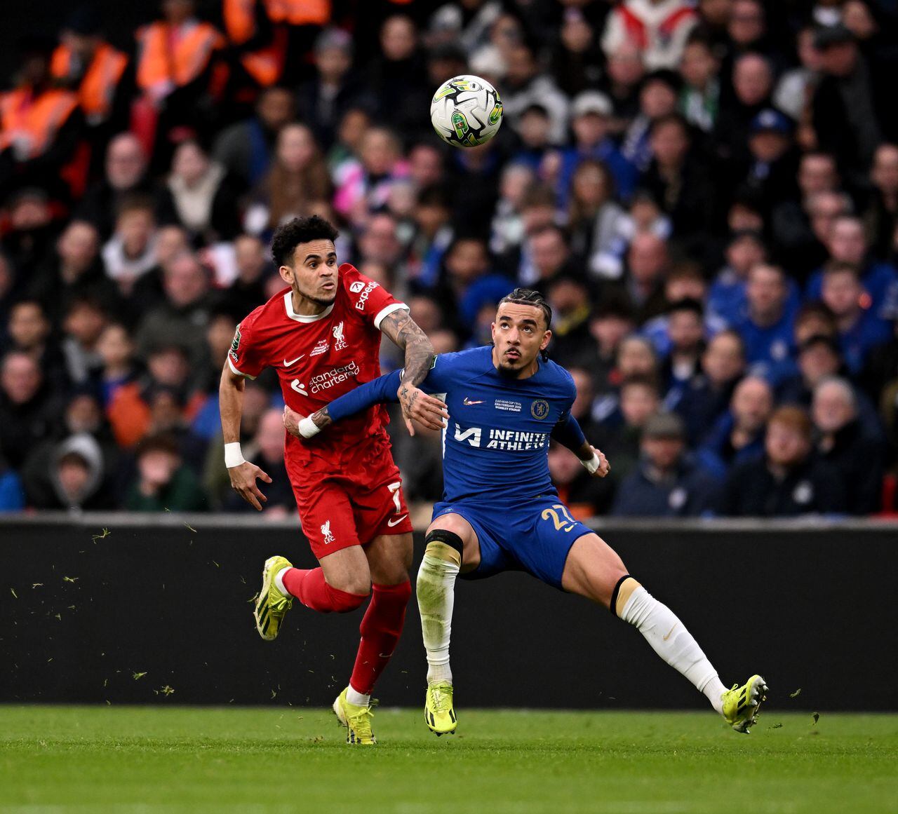 LONDON, ENGLAND - FEBRUARY 25: (THE SUN OUT, THE SUN ON SUNDAY OUT) Luis Diaz of Liverpool competing with Malo Gusto of Chelsea during the Carabao Cup Final between Chelsea and Liverpool at Wembley Stadium on February 25, 2024 in London, England. (Photo by Andrew Powell/Liverpool FC via Getty Images)