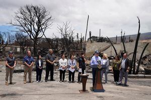 U.S. President Joe Biden speaks during his visit to the fire-ravaged town of Lahaina on the island of Maui in Hawaii, U.S., August 21, 2023. REUTERS/Kevin Lamarque