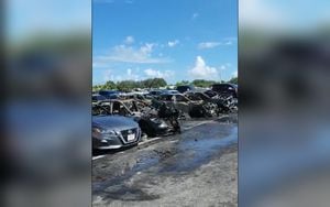 Varios carros quemados tras un incendio en el estacionamiento del estadio Hard Rock en Miami
