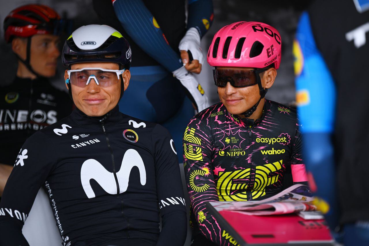 ACQUI TERME, ITALY - MAY 07: (L-R) Einer Rubio of Colombia and Movistar Team and Esteban Chaves of Colombia and Team EF Education - EasyPost prior to the 107th Giro d'Italia 2024, Stage 4 a 190km stage from Acqui Terme to Andora / #UCIWT / on May 07, 2024 in Acqui Terme, Italy. (Photo by Tim de Waele/Getty Images)