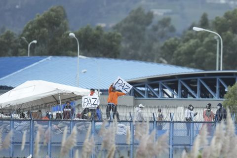 Los reclusos agitan carteles hechos a mano con la palabra española para la paz mientras están parados en la azotea de la prisión de Latacunga, oficialmente conocida como Centro de Rehabilitación Social Regional Sierra, Centro Norte, en Cotopaxi, Ecuador, el miércoles 10 de enero de 2024.