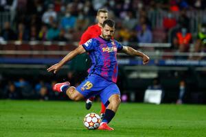 Barcelona's Sergio Aguero controls the ball during a Champions League group E soccer match between F.C. Barcelona and Dinamo Kyiv at Camp Nou stadium in Barcelona, Spain, Wednesday, Oct. 20, 2021. (AP Photo/Joan Monfort)