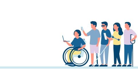 Disabled group people on wheelchair and other handicap. Disability and inclusion, employment on work. Team diverse person. Team seek opportunity, want to work. Vector illustration