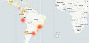 Mapa del portal Down Detector donde se registran los reportes sobre dificultades con la aplicación WhatsApp en Sudamérica.