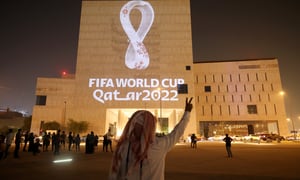DOHA, QATAR - SEPTEMBER 03: The Official Emblem of the FIFA World Cup Qatar 2022™️ is unveiled in Doha's Souq Waqif on the Msheireb - Qatar National Archive Museum building on September 03, 2019 in Doha, Qatar. The FIFA World Cup Qatar 2022™️ Official Emblem was projected on to a number of iconic buildings in Qatar and across the Arab world and displayed on outdoor digital billboards in more than a dozen renowned public spaces major cities. (Photo by Christopher Pike/Getty Images for Supreme Committee 2022)