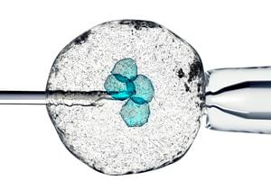 La celda se sostiene por una pipeta y una aguja., Ilustración 3D