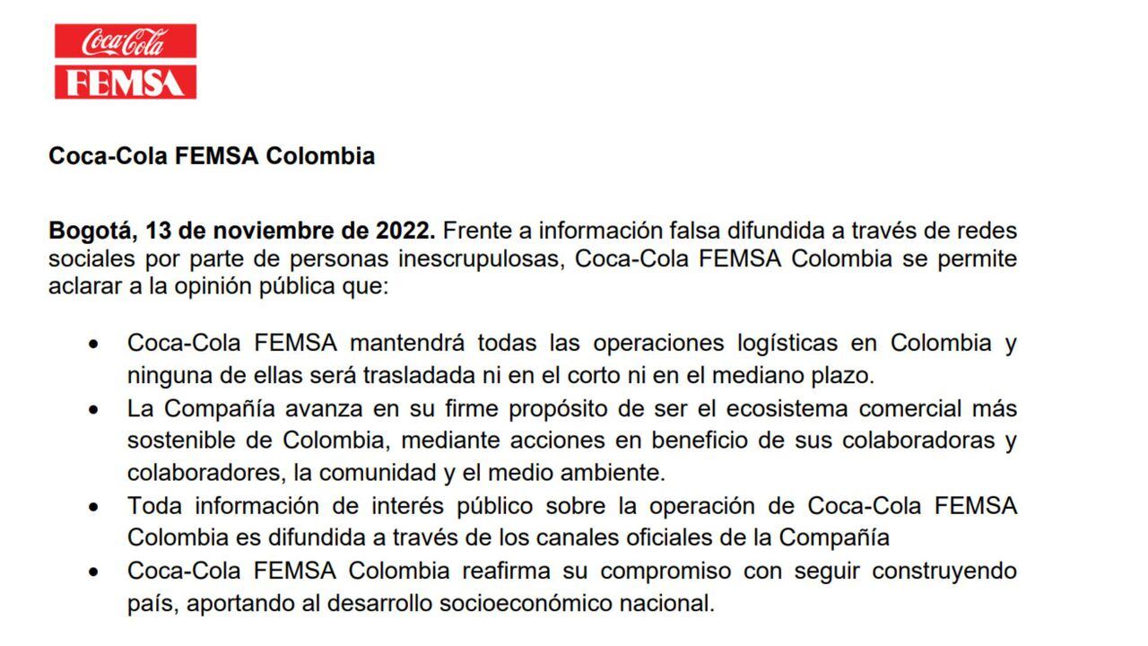 Comunicado de Coca-Cola FEMSA Colombia