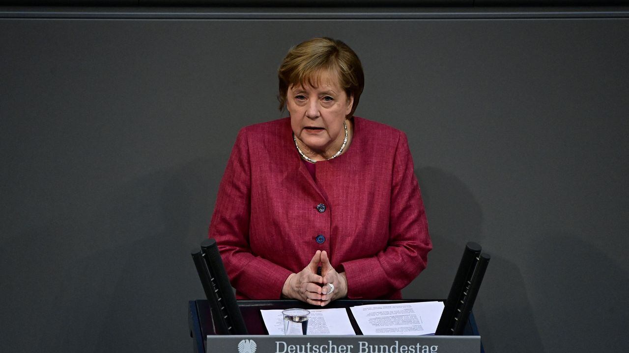 German Chancellor Angela Merkel speaks during a session of the Bundestag (lower house of parliament) on April 16, 2021 in Berlin. (Photo by Tobias SCHWARZ / AFP)