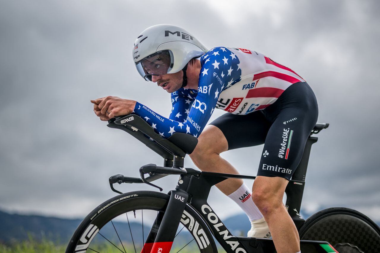 UAE Team Emirates' US rider Brandon McNulty cycles during the third stage of the Tour of Romandy UCI cycling World tour, a 15.5 km time trial starting and finishing in Oron, in Maracon, western Switzerland, on April 26, 2024. (Photo by Fabrice COFFRINI / AFP)
