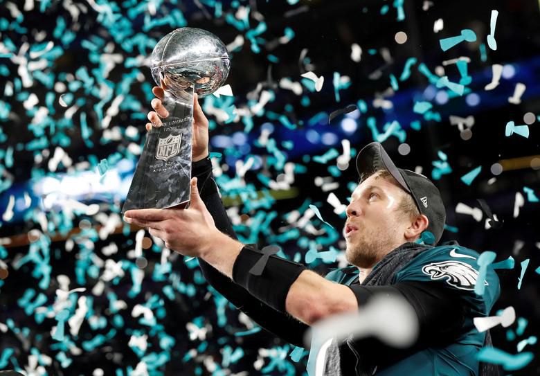 Philadelphia Eagles Nick Foles celebrates with the Vince Lombardi Trophy after winning Super Bowl LII. REUTERS/Kevin Lamarque