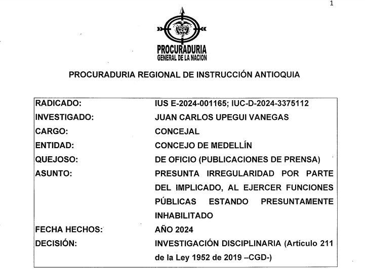 Documento de la Procuraduría donde se formaliza la investigación disciplinaria contra el concejal de Medellín Juan Carlos Upegui.