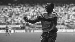 jubilation, goaljubel, by Freddy RINCON VALENCIA, after his goal to equalize 1-1, Germany GER BRD - Colombia COL 1-1, preliminary round, final round 3rd matchday, group D, 06/19/1990 in Milan, Soccer World Cup 1990 in Italy , 1989, © | usage worldwide (Photo by SVEN SIMON / SVEN SIMON / dpa Picture-Alliance via AFP)