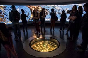MUSEO DEL ORO GOLD MUSEUM, BOGOTá, BOGOTá D C , COLOMBIA - 2017/06/08: Visitors at the Gold Museum (Museo del Oro) in Bogota are introduced to the world of ceremonies and offerings during a sound and light show. (Photo by Thierry Falise/LightRocket via Getty Images)
