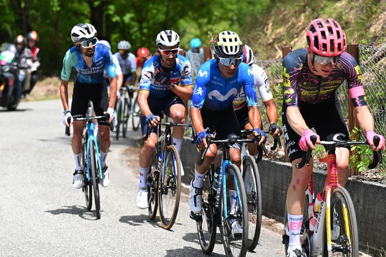 PRATI DI TIVO, ITALY - MAY 11: (L-R) Nairo Quintana of Colombia and Movistar Team and Georg Steinhauser of Germany and Team EF Education - EasyPost compete in the breakaway during the 107th Giro d'Italia 2024, Stage 8 a 152km stage from Spoleto to Prati di Tivo 1451m / #UCIWT / on May 11, 2024 in Prati di Tivo, Italy. (Photo by Tim de Waele/Getty Images)