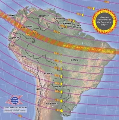 Trayectoria del eclipse solar anular sobre Sudamérica.