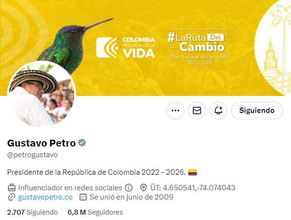 El presidente Gustavo Petro tiene 6,8 millones de seguidores en su perfil oficial de Twitter.