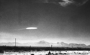 A UFO variety was photographed when it hovered for fifteen minutes near Holloman Air Development Center in New Mexico. The object was photographed by a government employee and was released by the Aerial Phenomena Research Organization after careful study. There is no conventional explanation for the object.