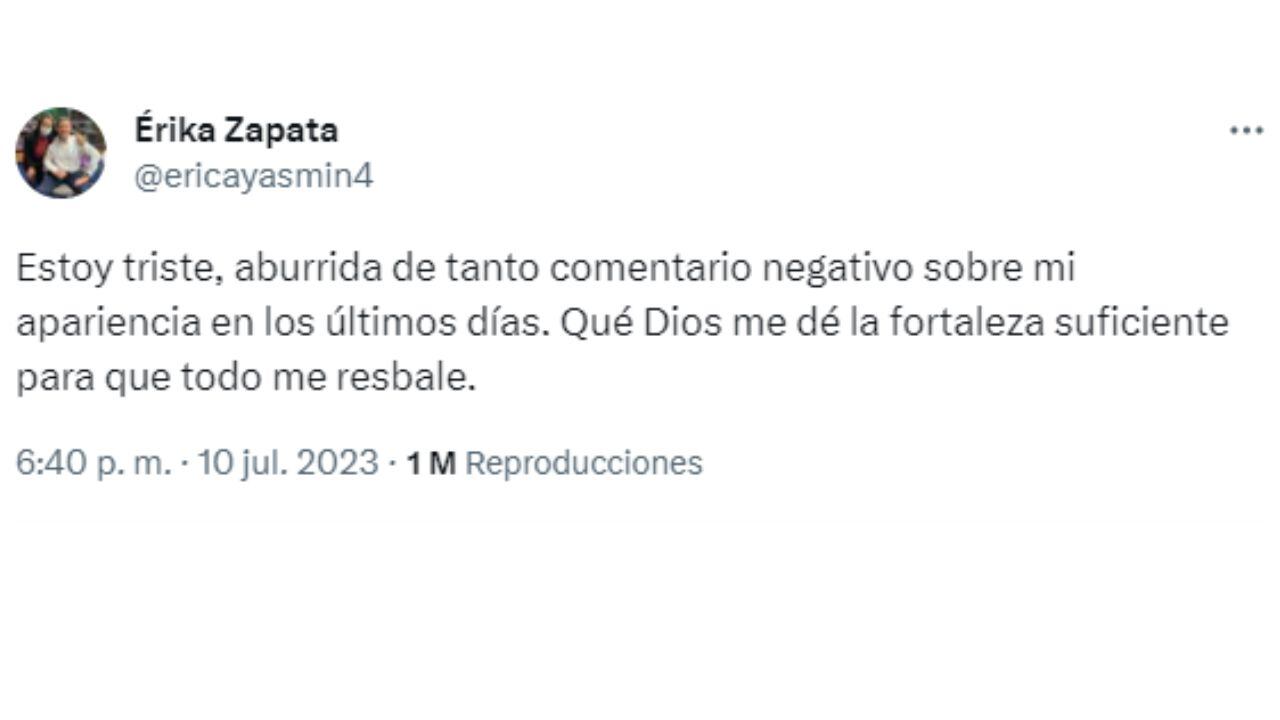 Érika Zapata se sinceró en su cuenta de Twitter.