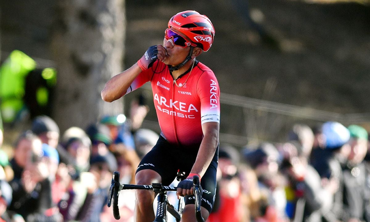 MONTAGNE, FRANCE - FEBRUARY 13: Nairo Alexander Quintana Rojas of Colombia and Team Arkéa - Samsic celebrates winning during the 6th Tour de La Provence 2022, Stage 3 a 180,6km stage from Manosque to Montagne de Lure 1567m / #TDLP22 / on February 13, 2022 in Montagne, France. (Photo by Getty Images/Luc Claessen)