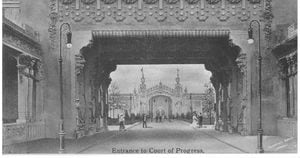 En la entrada a la exposición universal franco-británica de 1908, celebrada en Londres,  se anuncia el inicio del progreso. Foto: carta postal