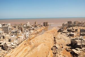 Vista aérea de la ciudad de Derna, tras las inundaciones en Derna, Libia, el 14 de septiembre de 2023.