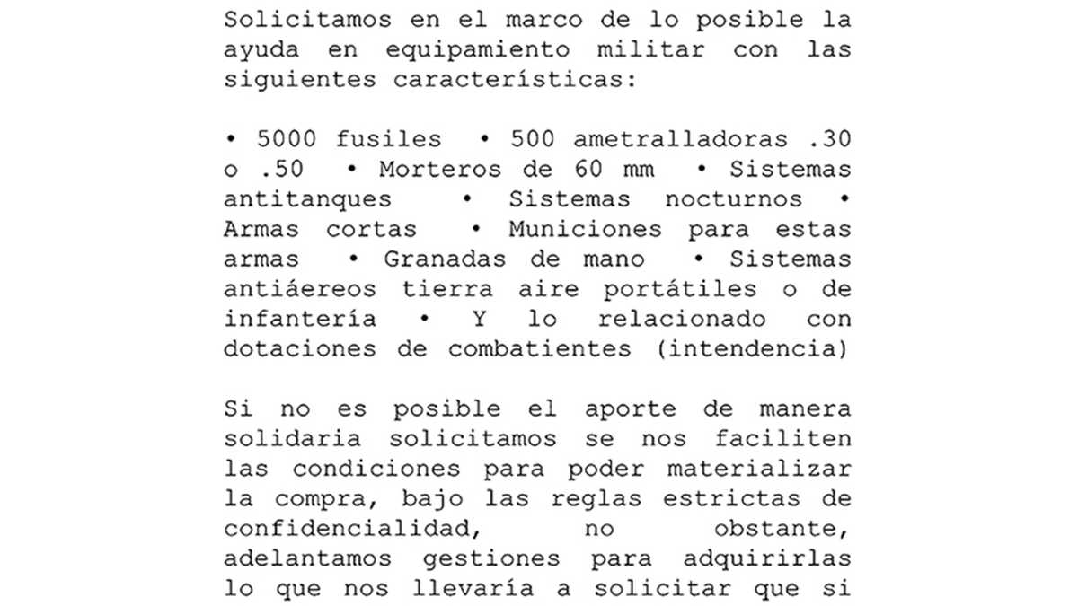   Uno de los temas más escandalosos en los hallazgos en el computador de alias Gentil Duarte es que le piden armamento de forma puntual al régimen de Maduro. No solo fusiles y ametralladoras, sino también sistemas antitanques, sistemas nocturnos, sistemas antiaéreos tierra-aire portátiles o de infantería.