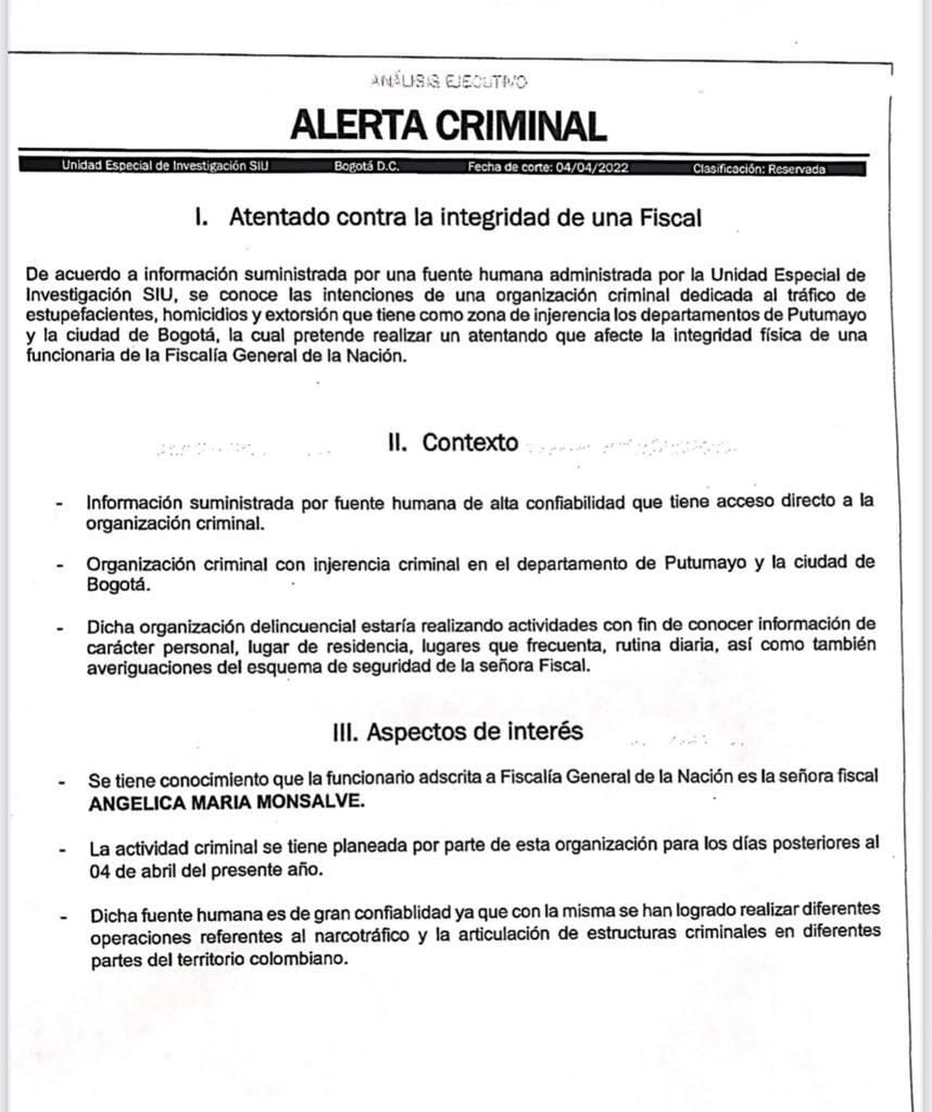 Advertencia por amenazas a la fiscal Angélica Mosalve. Documento de la Policía.