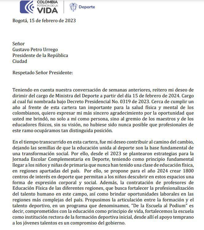 Carta de renuncia ministra del Deporte Astrid Rodríguez